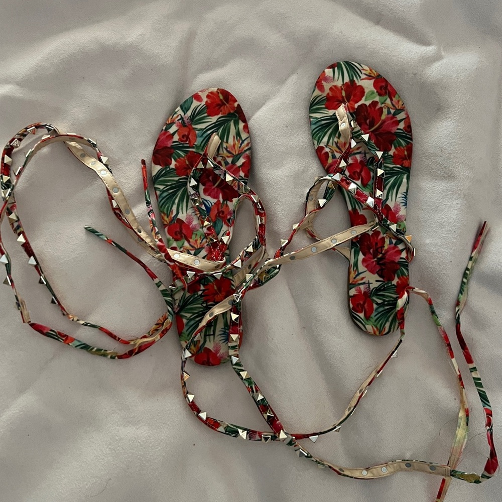 Miss Lola Red Floral Lace-Up Sandals
